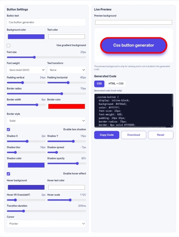 Online CSS Button Generator for creating custom buttons