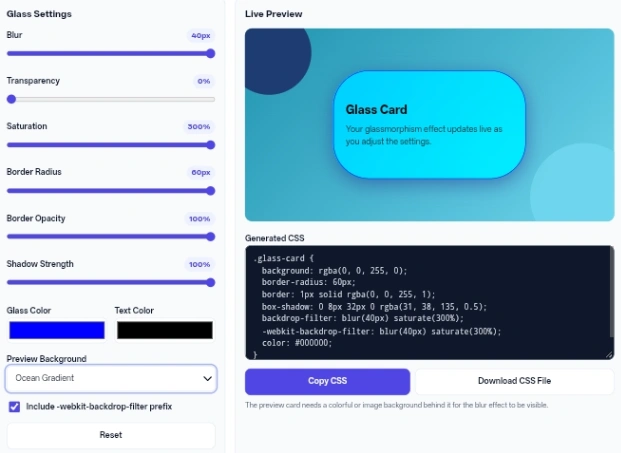 Online CSS Glassmorphism Generator for creating glass-style UI effects