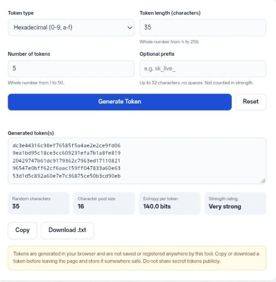Online Security Token Generator for creating secure random tokens