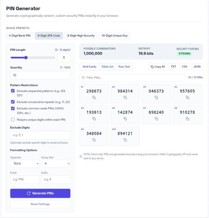 PIN generator showing 6-digit 2FA code preset with Strong security rating and 19.9 bits entropy